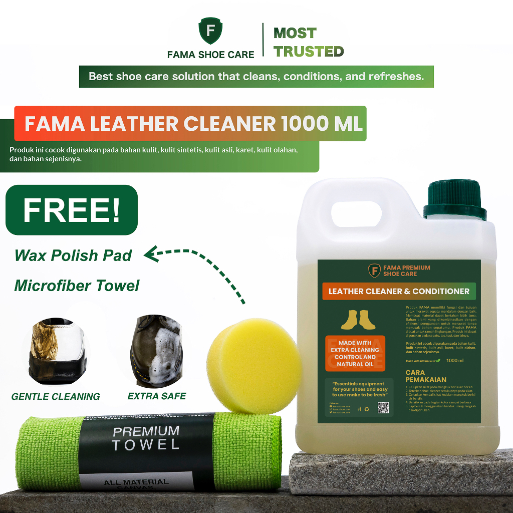 Fama Shoe Care - Leather Cleaner 1 Liter- Bonus Lap+Spon - Sabun Sepatu Kulit - Fama Shoes Cleaner - Shoe Cleaner