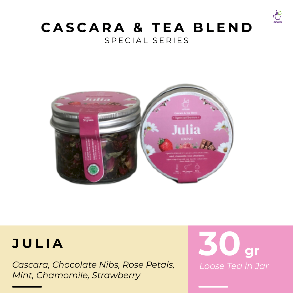 

Netisane Julia (Chamomile, Chocolate Nibs, Daun Mint, Strawberry, Rose Petals) | Netisane Cascara Blend Special Series | Artisan Tea / Teh Herbal (Jar)