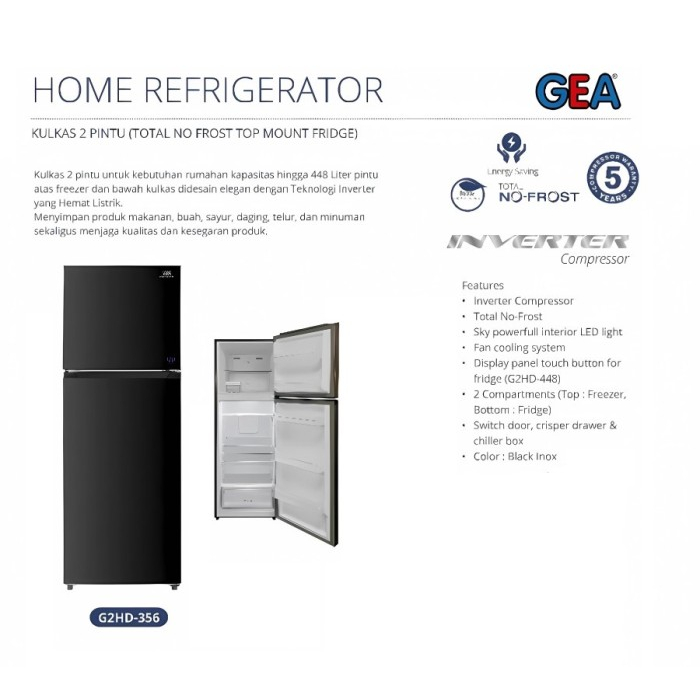 Kulkas Gea G2DHD-356 (2 Pintu, 356L, Inverter)