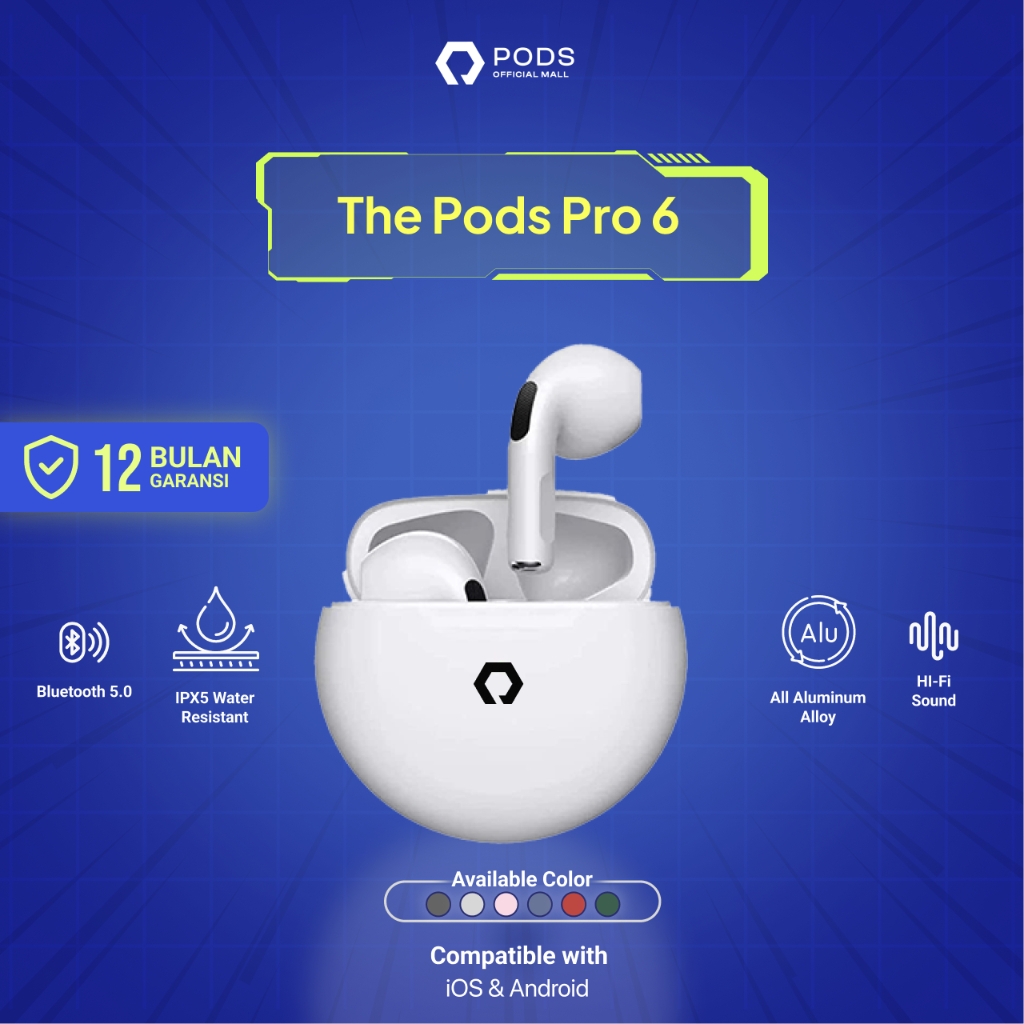 ThePods Pro 6 Wireless Charging Case - TWS Bluetooth 5.0 Headset Earphone Wireless 9D HIFI Stereo Mini Earbuds With Mic Support Call For iOS and Android - By PodsIndonesiaa