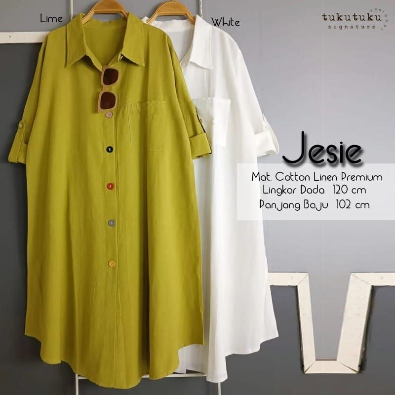 Jesie Long Tunik Polos Putih Hitam Katun Linen Premium Ld 120 Oversize Jumbo Fit XXXL Busui Kancing 