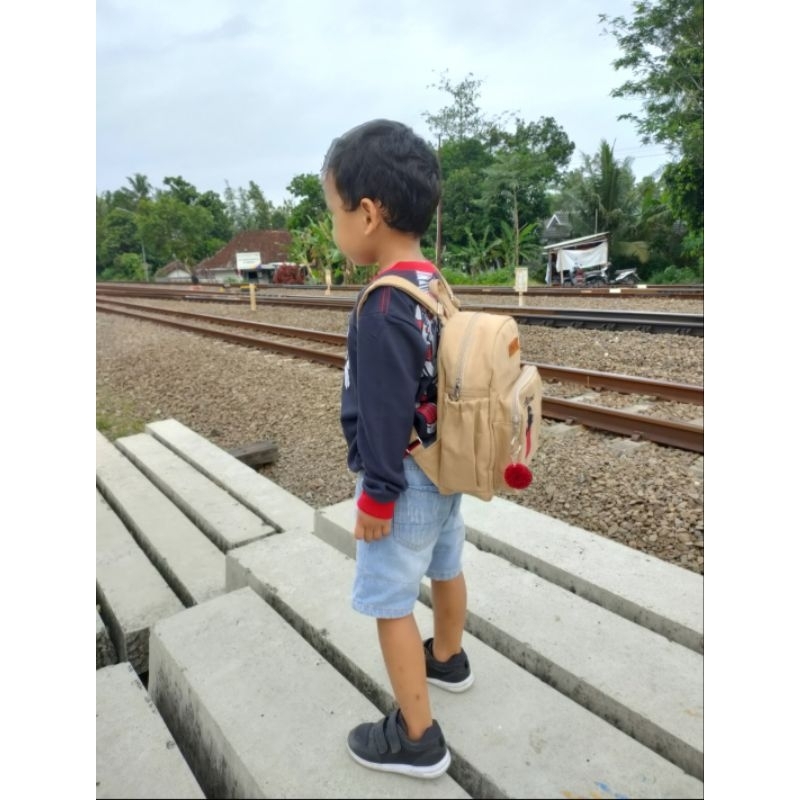 Baglist Tas Anak PAUD TK ransel backpack kids cream khaki polos kanvas