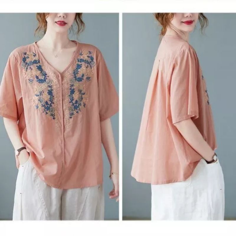 5073 Baju atasan EMBROIDERED BORDIR BLOUSE vneck lengan pendek Korea Korean style wanita premium imp
