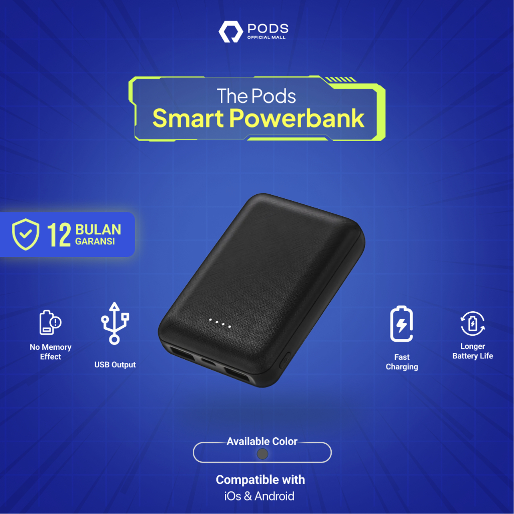 SMART Powerbank Dual USB Quick Charging 10.000 mAh / 2.1 A for IOS IPhone Android by Pods Indonesiaa