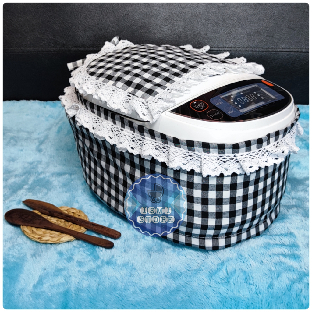 Sarung MAGICOM DIGITAL Oval/Bulat Estetik Rice Cooker Digital Kekinian Motif Kotak Gingham Aksen Renda Rajut dengan Tutup Atas Unik Lucu by Ismi Store