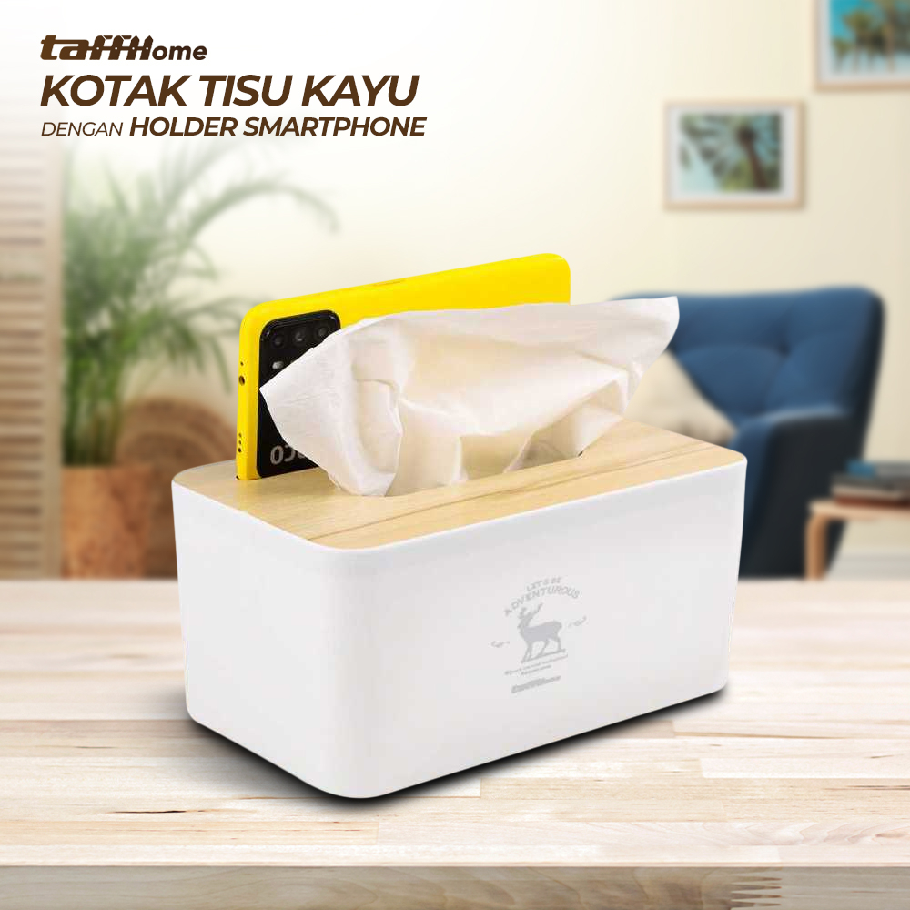 【GOGOMART】Kotak Tisu Kayu Tissue Box Dengan Holder Smartphone Tempat Hanphone