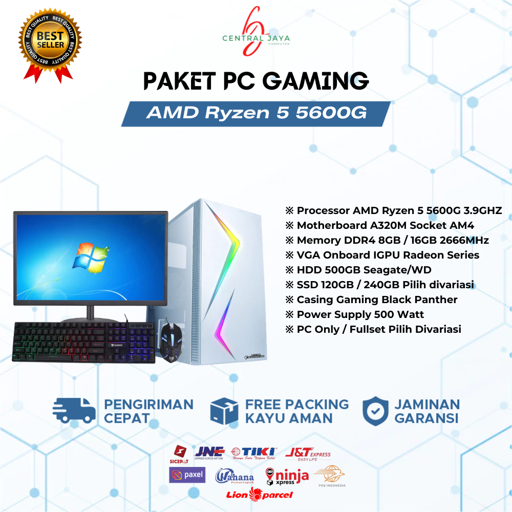 PC Gaming Full Set AMD Ryzen 5 5600G Ram 16GB SSD/HDD Monitor 24 Inch Gaming Editing LANCAR