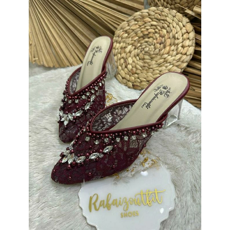Sepatu wedding Pesta Cantik amirra Burgundy 7cm kaca