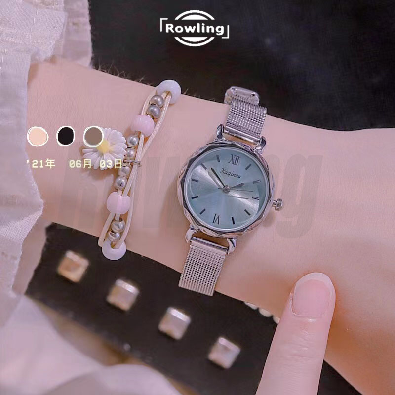 Rowling (Jam-94) Jam Tangan Analog Gaiety Bulat Strap Stainless Steel  Gesper Untuk Wanita Import TANPA ACCESORIS