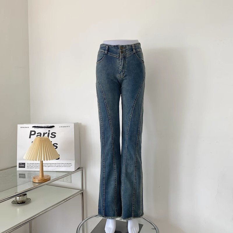 Jeans wanita model baru korea musim hujan flared jeans high waist slim fit slim fit raw edge