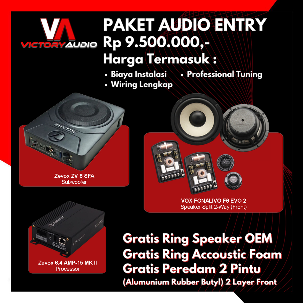 INCLUDE INSTALASI - Paket Audio Full Set Sound System ENTRY Speaker Split 2-Way VOX FONALIVO F6 EVO 