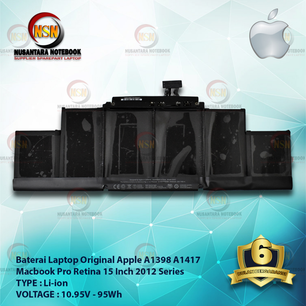 Baterai Apple ORI A1398 A1417 Macbook Pro Retina 15 Inch 10.95V 95Wh