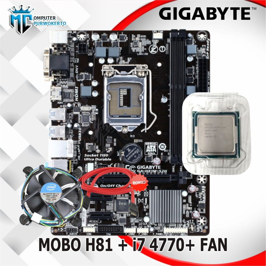 Mobo Mainboard H81 LGA 1150 Gigabyte + Core i7 4790 + Fan