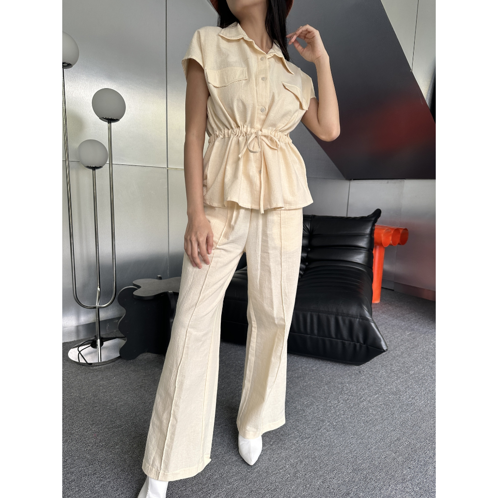 Peach Poppy MAGGIE Premium Linen Set Long Pants - Linen Set Premium Celana Panjang - Linen Premium - One Set Wanita