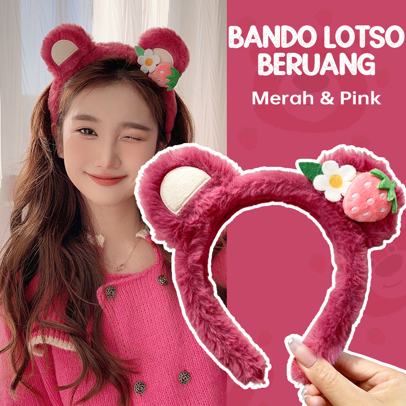 COD❤️Bando Lotso Karakter Telinga Beruang Lucu Korea Stroberi Bandana Bulu Wanita Ikat Kepala Mewah Cuci Muka Hiasan Jepit Rambut Headbands