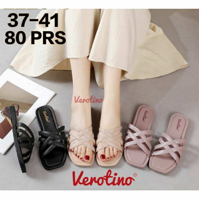 2225-1 Verotino Sandal Selop Wanita Tali Silang Karet Jelly Import Sendal Flat Motif Seling Anyam Cewek Slop Teplek Kokop Bahan PCU 2225 Sol Tipis Hitam Perempuan Impor Terbaru Nyaman Dipakai Cantik Murah