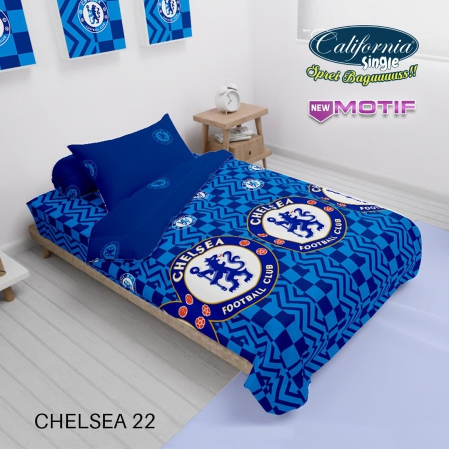5in1 Full Set Bedcover + Sprei California 3D Single 120x200 Motif Barca 22, Chelsea, MU, Liverpool, 