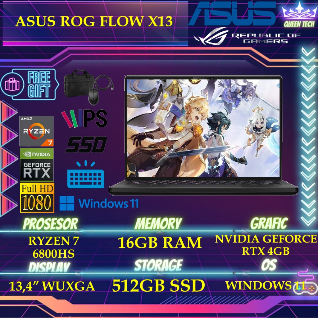 Asus ROG Flow X13 GV301RE R7R5A6TO 2IN1 Touch RTX3050TI 4GB - RYZEN 7 6800HS 16GB 1TBSSD Windows 11 13.4 Inchi WUXGA