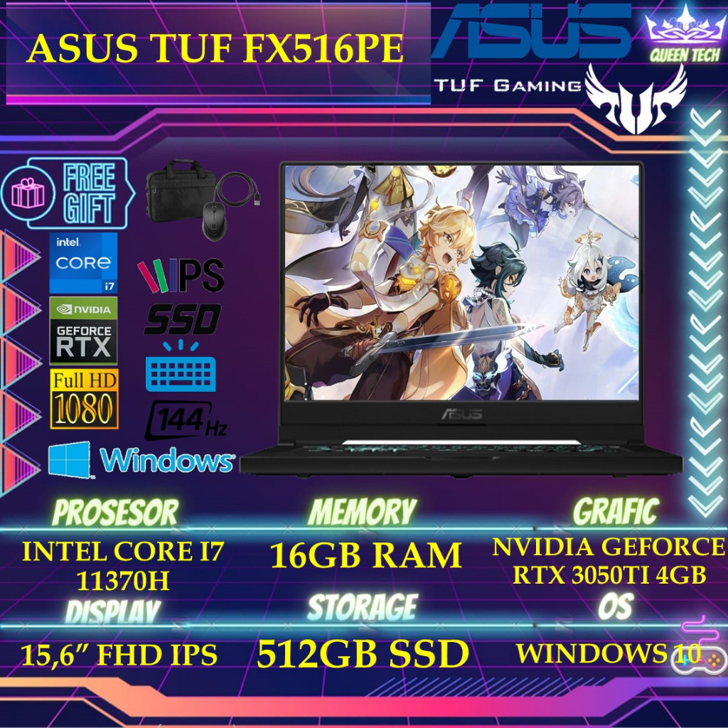 LAPTOP ASUS TUF FX516PE - RTX3050TI 4GB I7 11370 16GB 512SSD W10 15.6FHD 144HZ