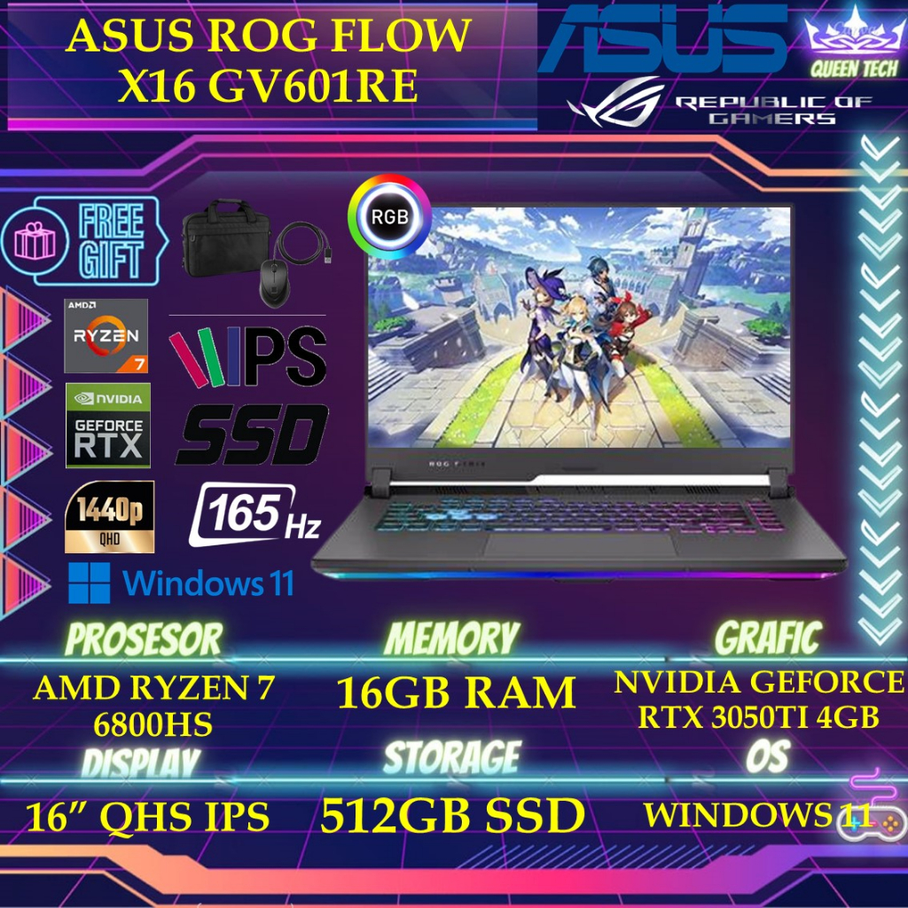 Asus Rog Flow X16 GV601RE R7R5G6TO Ryzen 7 6800HS 16GB 512SSD - RTX3050TI 4GB Windows 11 16.0 Inchi QHD 165HZ