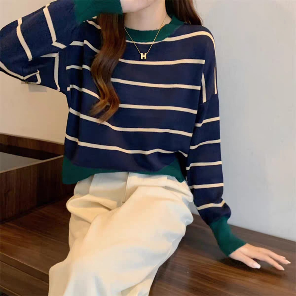 BEARYJEANS Sweater Atasan Rajut Wanita Lengan Panjang Crop Top Korea Striped Premium Import Korean Style - BJ088