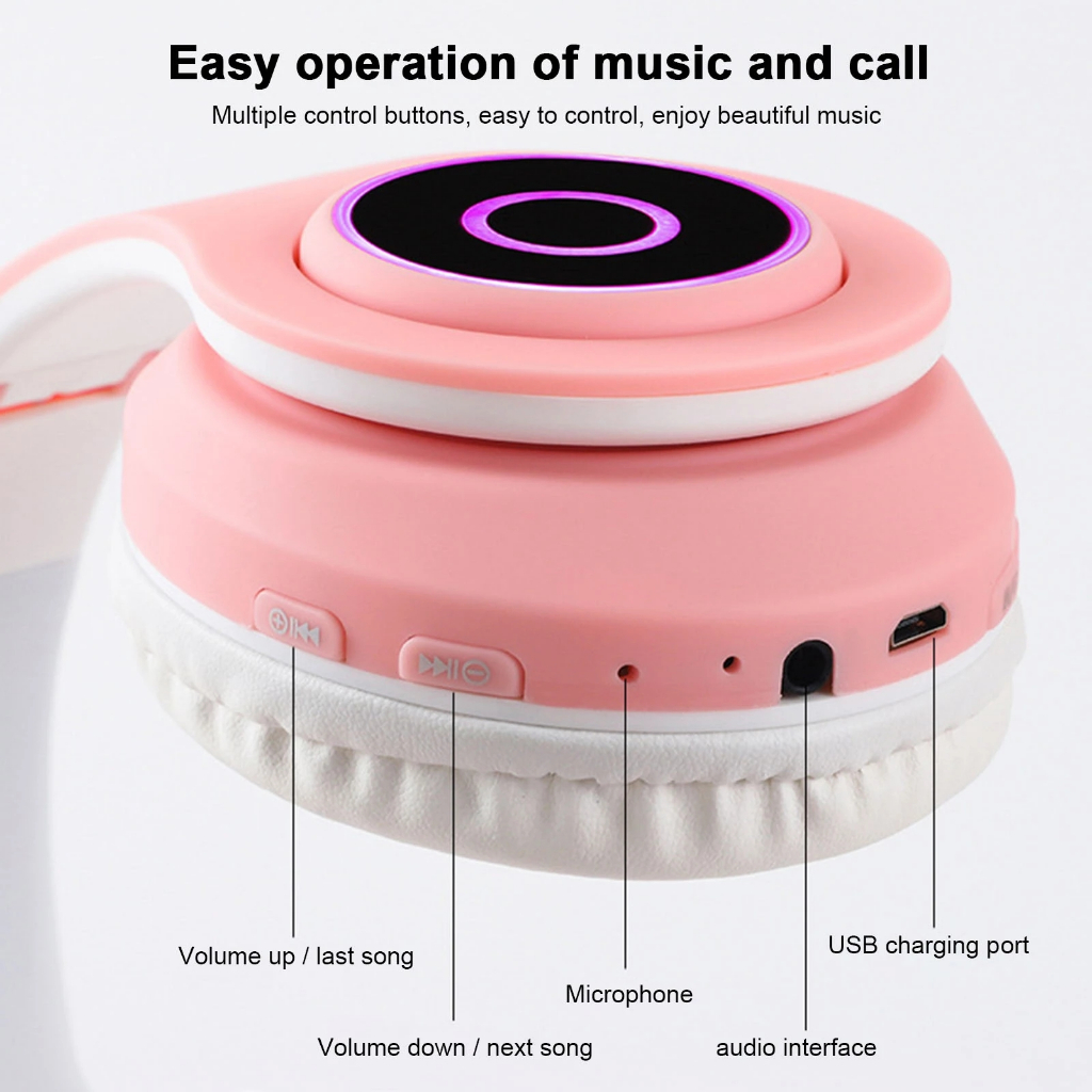 B39 JST28 Headphone Bluetooth Anak Motif Kuping Kucing Bando Headset LED Wireless On-Ear Bass - XOBOX