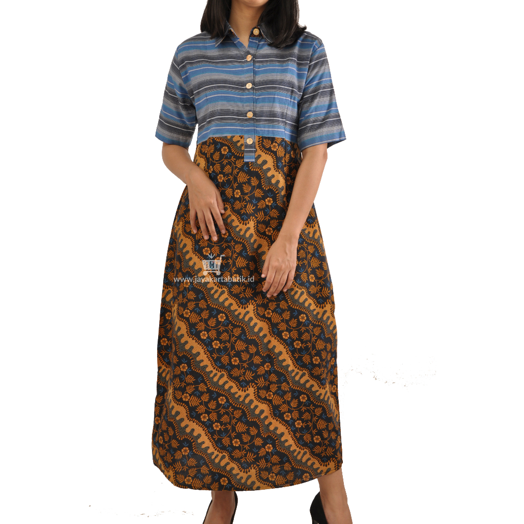 Dress Midi Dress Batik Wanita Murah Lurik Kombinasi