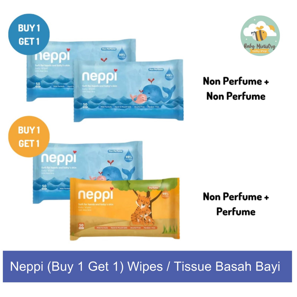 NEPPI baby wipes isi 50 ( BUY 1 GET 1 FREE) / TISSUE BASAH / TISSUE BAYI / paket bundle tisu / tisu bayi parfum / tisu bayi non parfum / non alkohol / murah/ sensitive skin