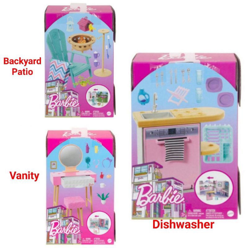 Boneka Barbie Furniture Dishwasher Vanity Patio Theme Playset Aksesori