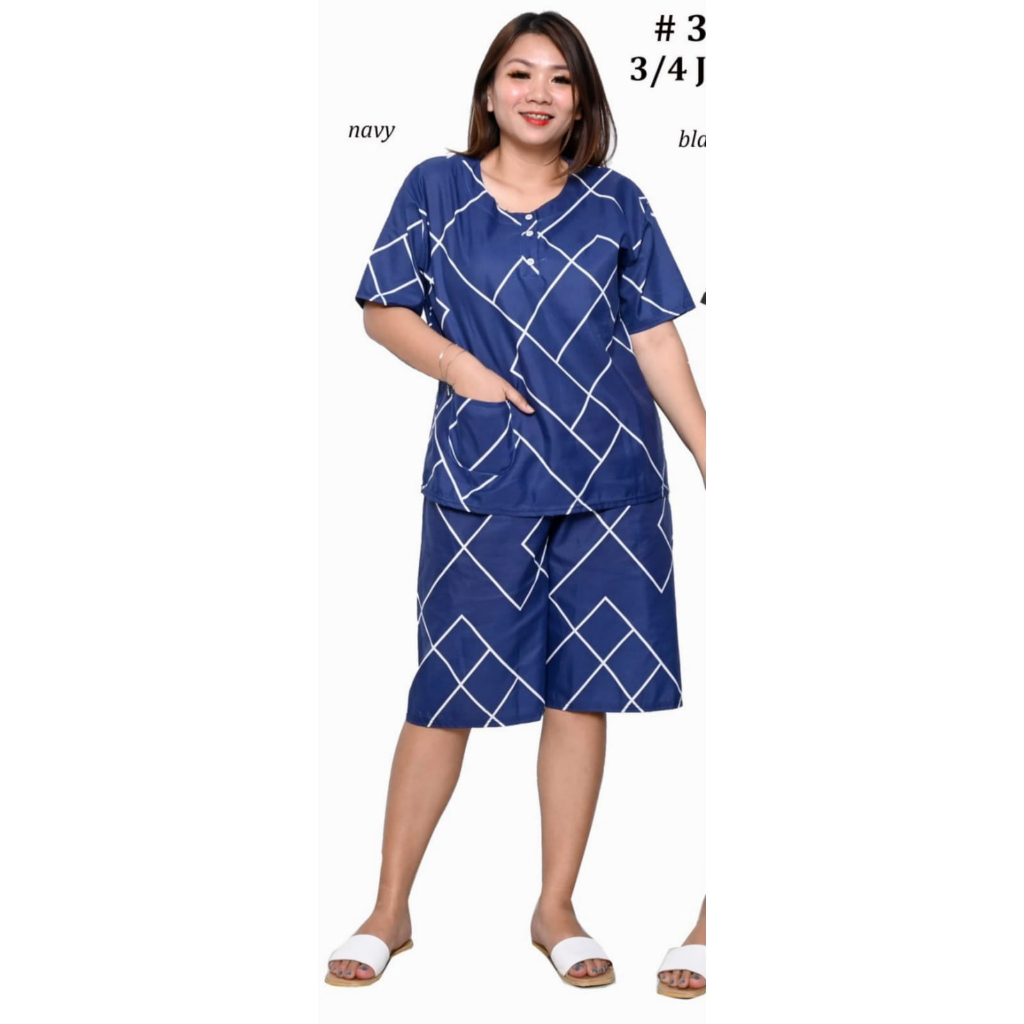 Dtree . Piyama stelan pendek jumbo motif wajik baju tidur kancing depan Ld 120 cm