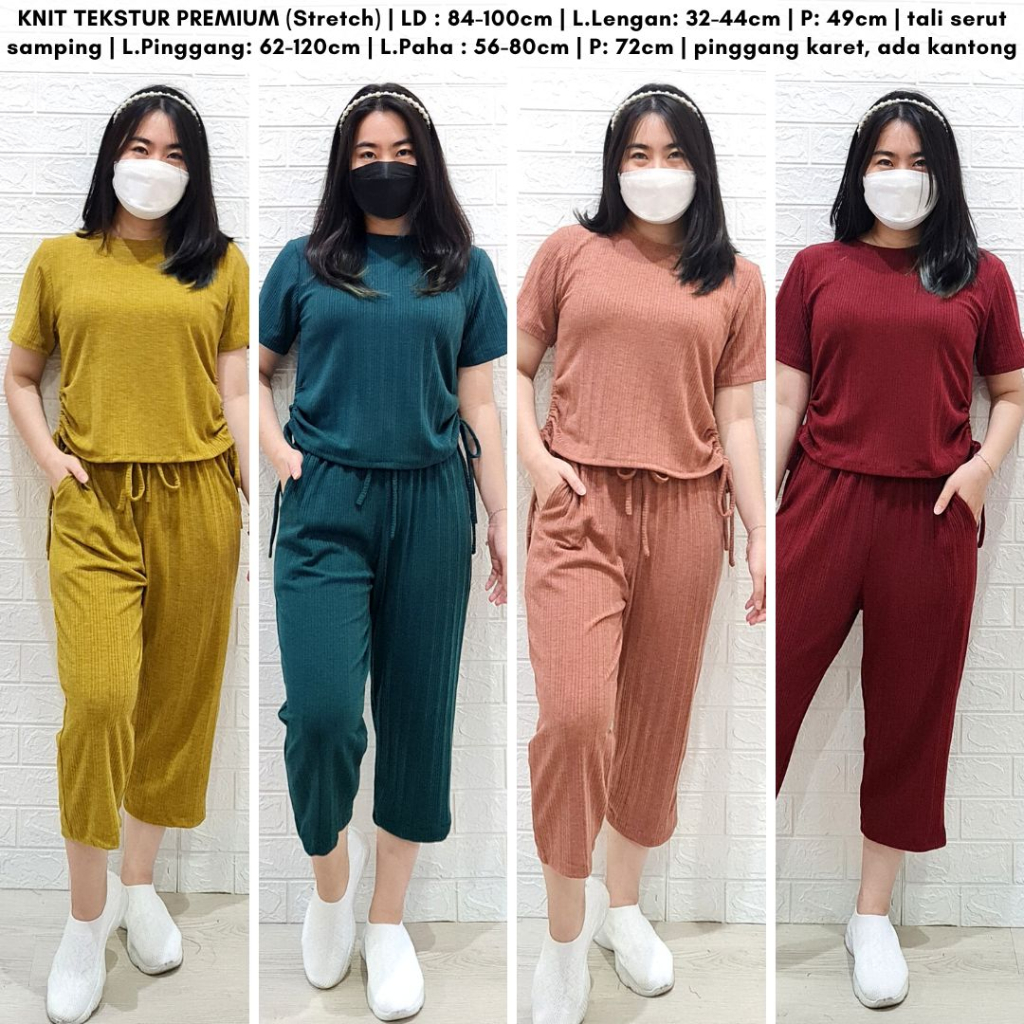 4418 mighty shired knit one set natal polos stelan wanita side shirred one set