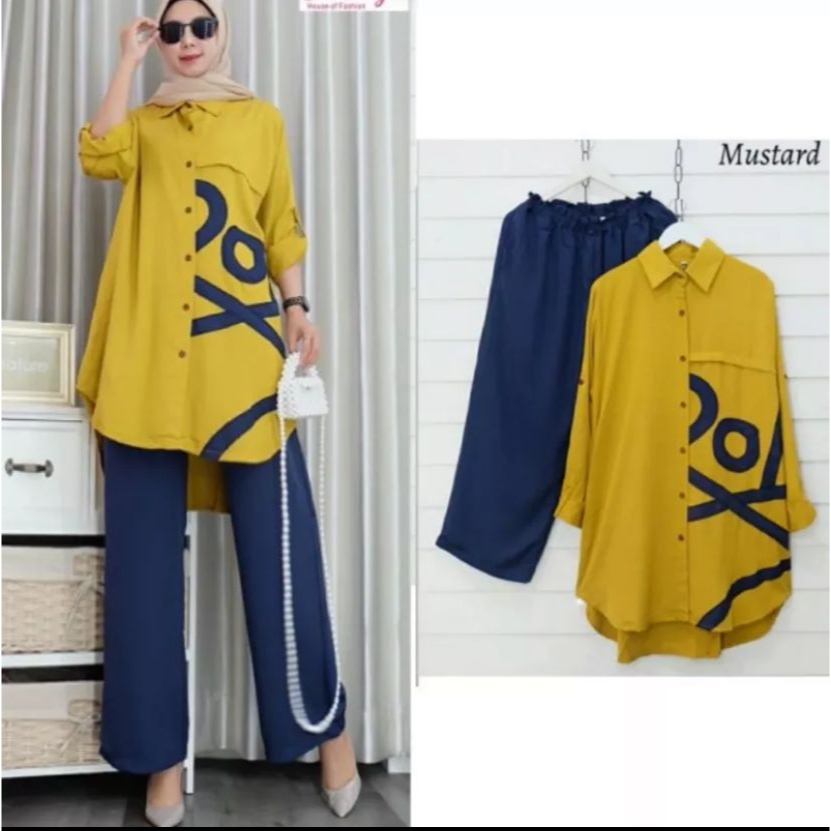 XOXO SET LONG TUNIK CRINKLE PRINTING // SETELAN XOXO // SETCEL XOXO // ONE SET XOXO // SETELAN SABLO
