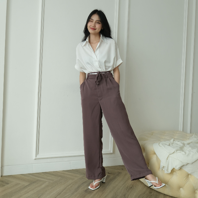 Rui Belt Loose Pants - Celana Panjang Wanita - Korean Style - Casual Pants