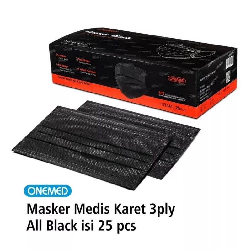 Onemed masker earloop all black 3 ply, isi 25pcs