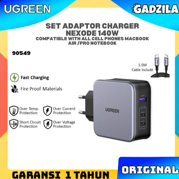 UGREEN Set Nexode Adaptor Charger + Kabel GaN 3 Port Output USB + Type C PD Fast Charging 140W For Samsung Galaxy S21 S22 Ultra Laptop Macbook iPad Air Pro