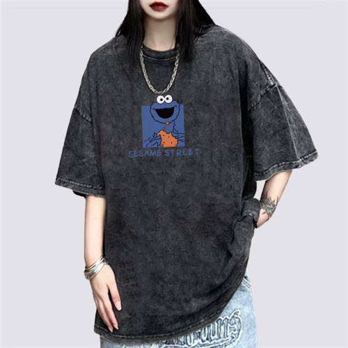 XIAOZHAINV Korean Style Sesame Street Pattern Washed Printing Kaos Wanita A0285/Atasan Wanita Terbaru