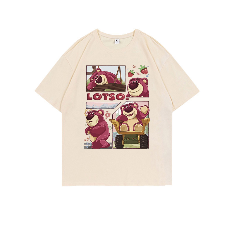 Baju Kaos Wanita Lengan Pendek Cartoon Strawberry Bear Graphic Print T-Shirt import Kaos Cream