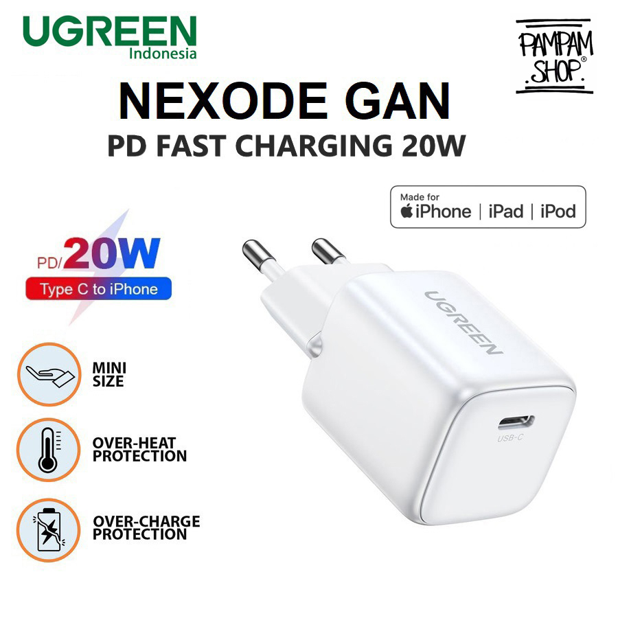 UGREEN ORIGINAL Adaptor Charger Type C NEXODE GAN 20W 3A Kepala Adapter Casan MFI Made for Iphone 11 12 13 Pro Max Ori 20 Watt Tipe C