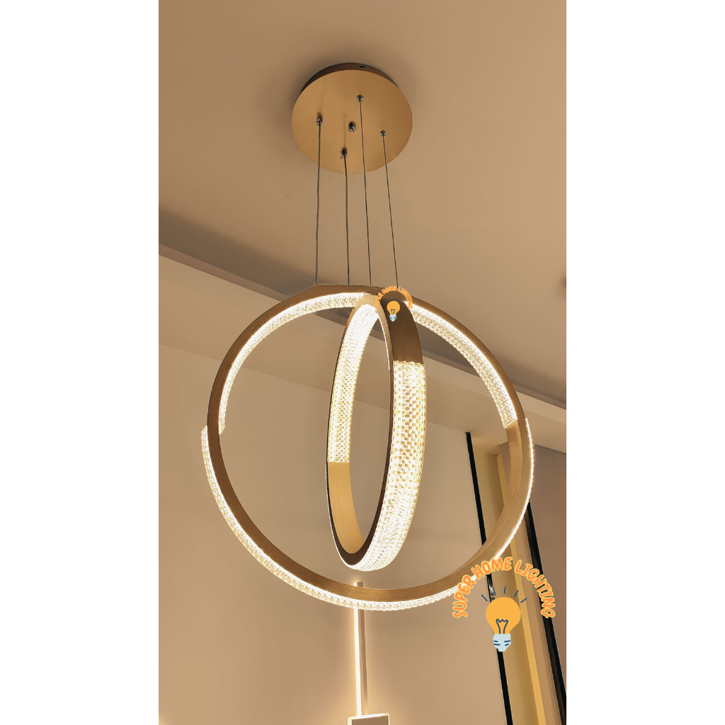 Lampu Gantung Minimalis Modern 2 Ring Kristal Luar Dalam Gold 57618