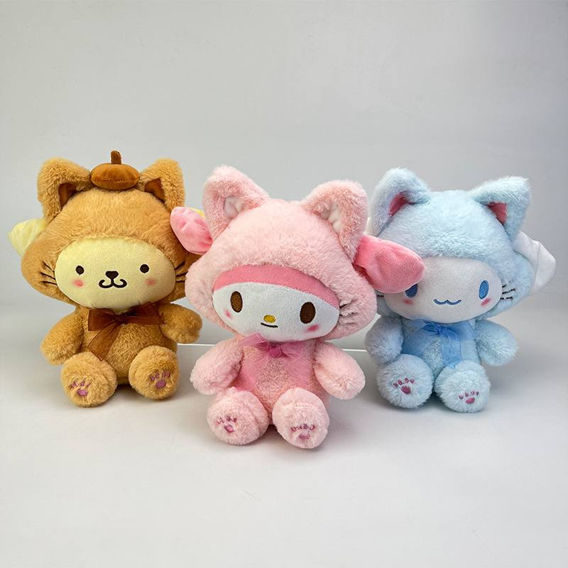 MAINAN BONEKA CINNAMOROLL MELODY KUROMI POMPOMPURIN HELLO KITTY KOSTUM KUCING PLUSH IMPOR