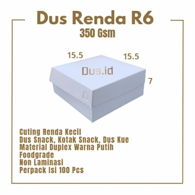 

Dus R6, Dus Snack Renda 15.5x15.5x7 350 Gsm, Dus Kue, Box Kue, Dus Kraft, Dus Snack Tebal, Dus SNack Putih, Dus snack duplex, dus snack katering, kotak katering, box katering, Dus Jajan, Kotak Box Putih, Dos Renda, Dus Renda R6, Dus Roti, Kardus Snack