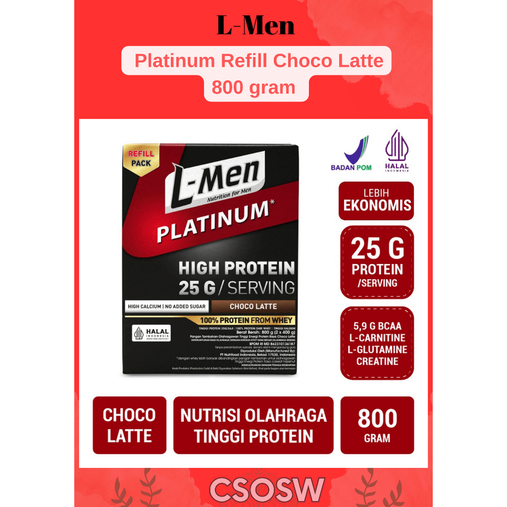 L-Men Platinum Refill Choco Latte 800 gram - Kemasan Refill Suplemen Fitness Tinggi Protein