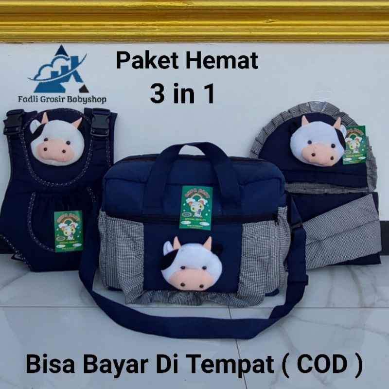 Satu Paket (3 in 1) Tas Bayi Besar Fadli Boneka Sapi Gendongan Bayi Samping Boneka Sapi Dan Gendongan Bayi Depan Ransel Boneka Sapi Terlaris