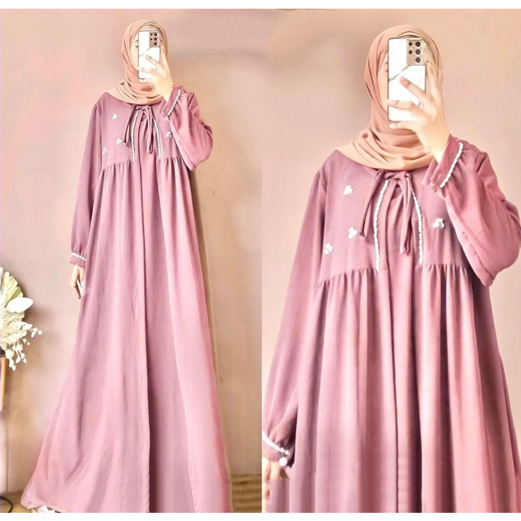 Gamis Remaja Kekinian Korean Style Fashion Muslim Crinkle Airflow Premium Baju Wanita Jumbo Sheeva Dress Aplikasi Mutiara Mewah