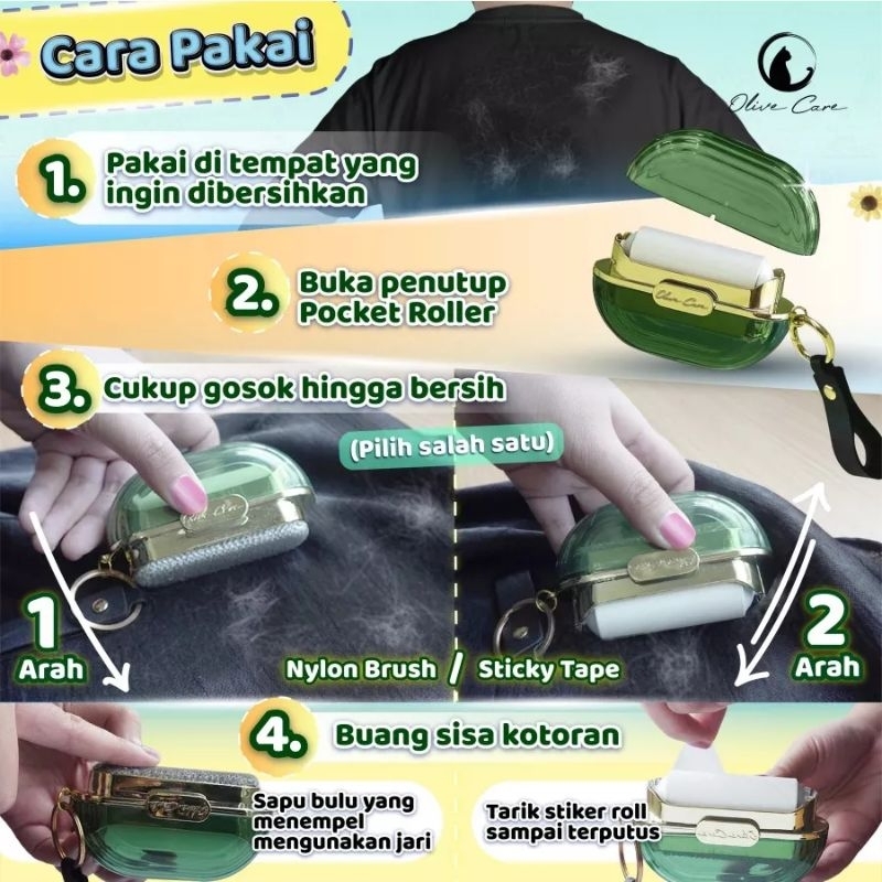 OLIVE CARE POCKET ROLLER PORTABLE TRAVEL MINI SIZE PEMBERSIH BULU KUCING