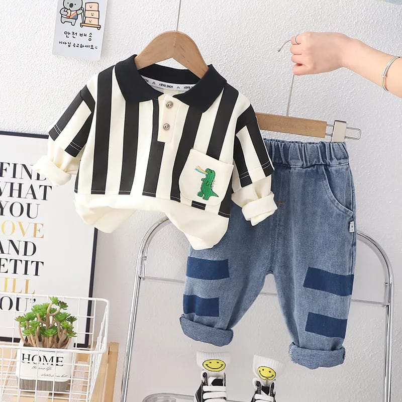 Setelan baju anak premium MOTIF DINO HITAM PUTIH ala korea usia 6 bulan - 5 tahun / pakaian baby laki-laki -ananakstore