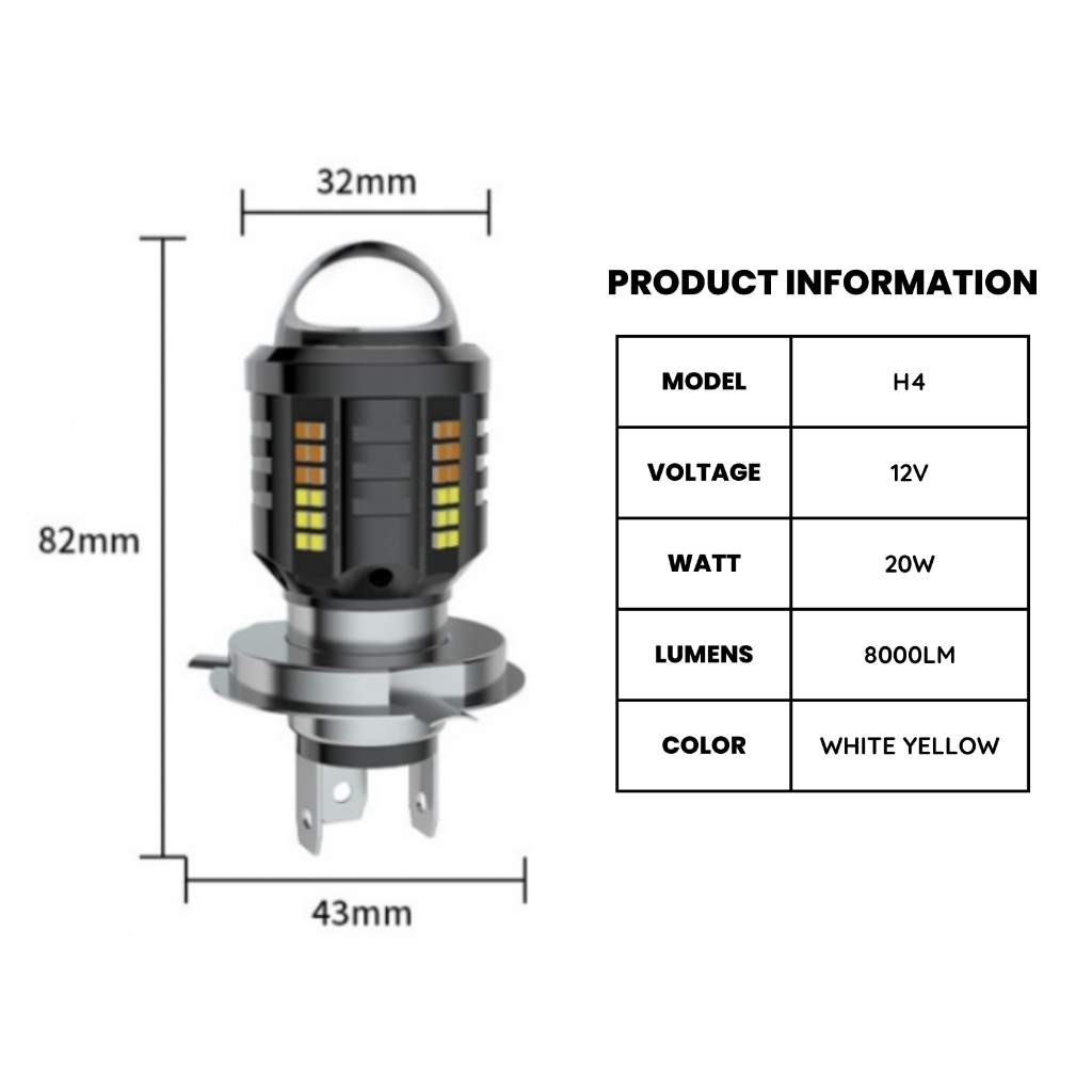 Lampu LED H4 Laser tembak D2 (2 warna) Putih Kuning High Low (Hi-Lo) - SUPERBRIGHT , 20watt , 8000LM , 73SMD , 3570LED (motor mobil)