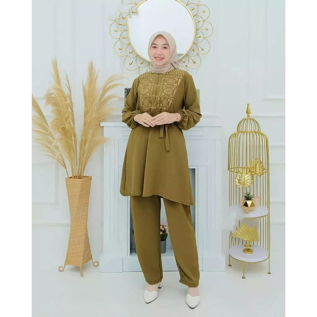 Baju Stelan Wanita Kekinian Nadya Set Variasi Bordir Asli Terlaris Terpopuler Setelan Wanita / Pakaian Wanita Muslim Zipper Depan(Busui) Ikat Pinggang Terpisah Setelan Crinkle Airflow