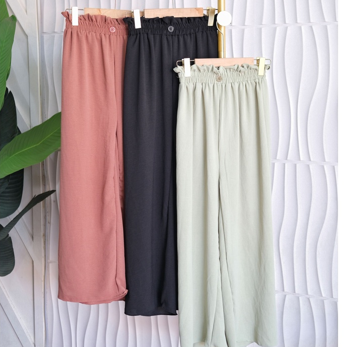 Kulot Crinkle Kancing 1 Highwaist - Cringkle Airflow Button Loose Pants Full Karet - Celana Kulot Cringle