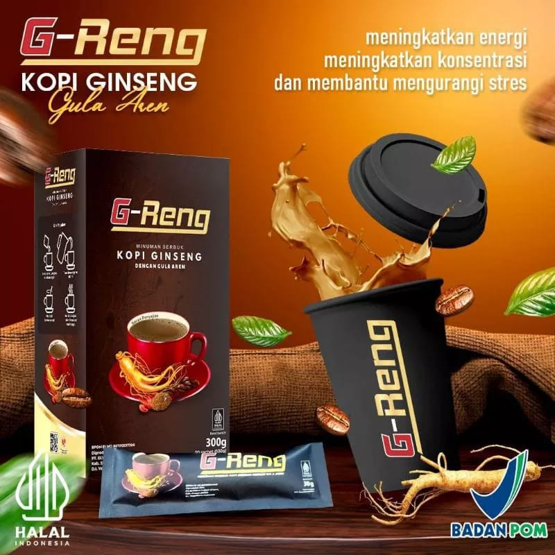 

KOPI G-RENG PREMIUM/KOPI GINSENG UNTUK STAMINA DAN KESEHATAN HARGA 1 BOX ISI 10 SACHET 300 GRAM.